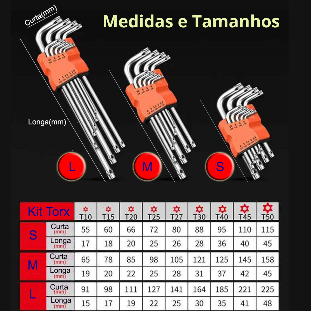 Kit Chave Torx Hexágono Hex 9 Peças - Tarkus