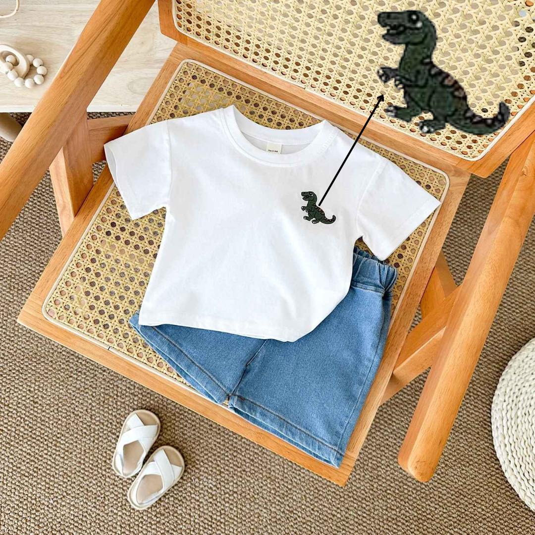 Conjuntos de Verão Camiseta Bordada de Dinossauro 2 peças - Saffari2