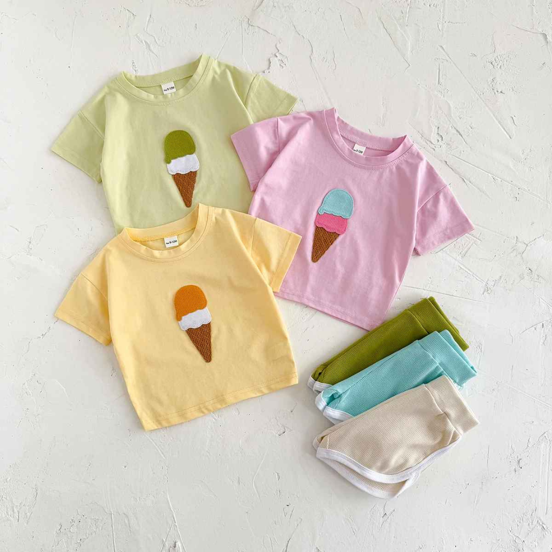 Conjunto Lazer Bebê Bordado Sorvete Camisa + Shorts 2 Peças - Ruthammy
