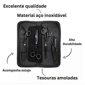 Kit 3 Tesouras Fio Navalha Desfiadeira Profissionais Para Cabeleireiro Barbeiro - Domluis